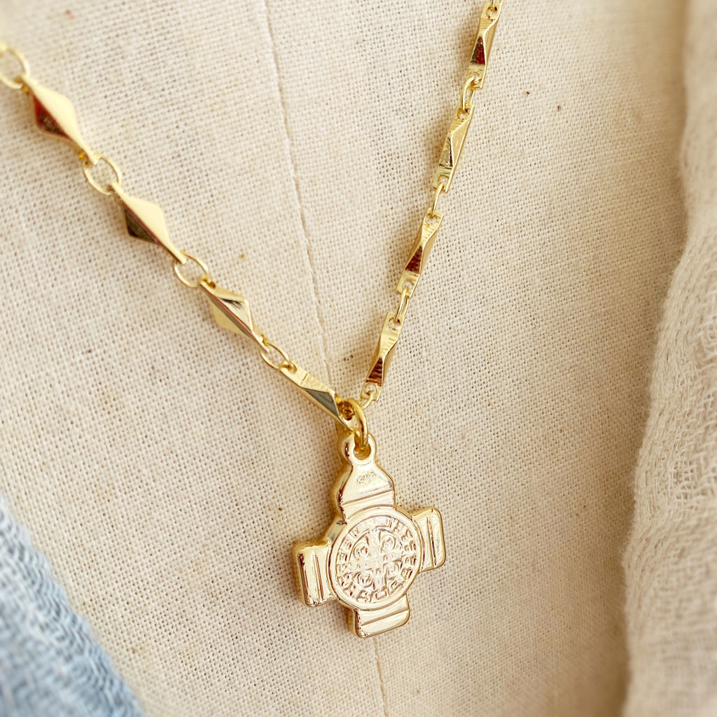 Tribal Mine Blessed #1 Necklace - St Benedict medal on gold chain