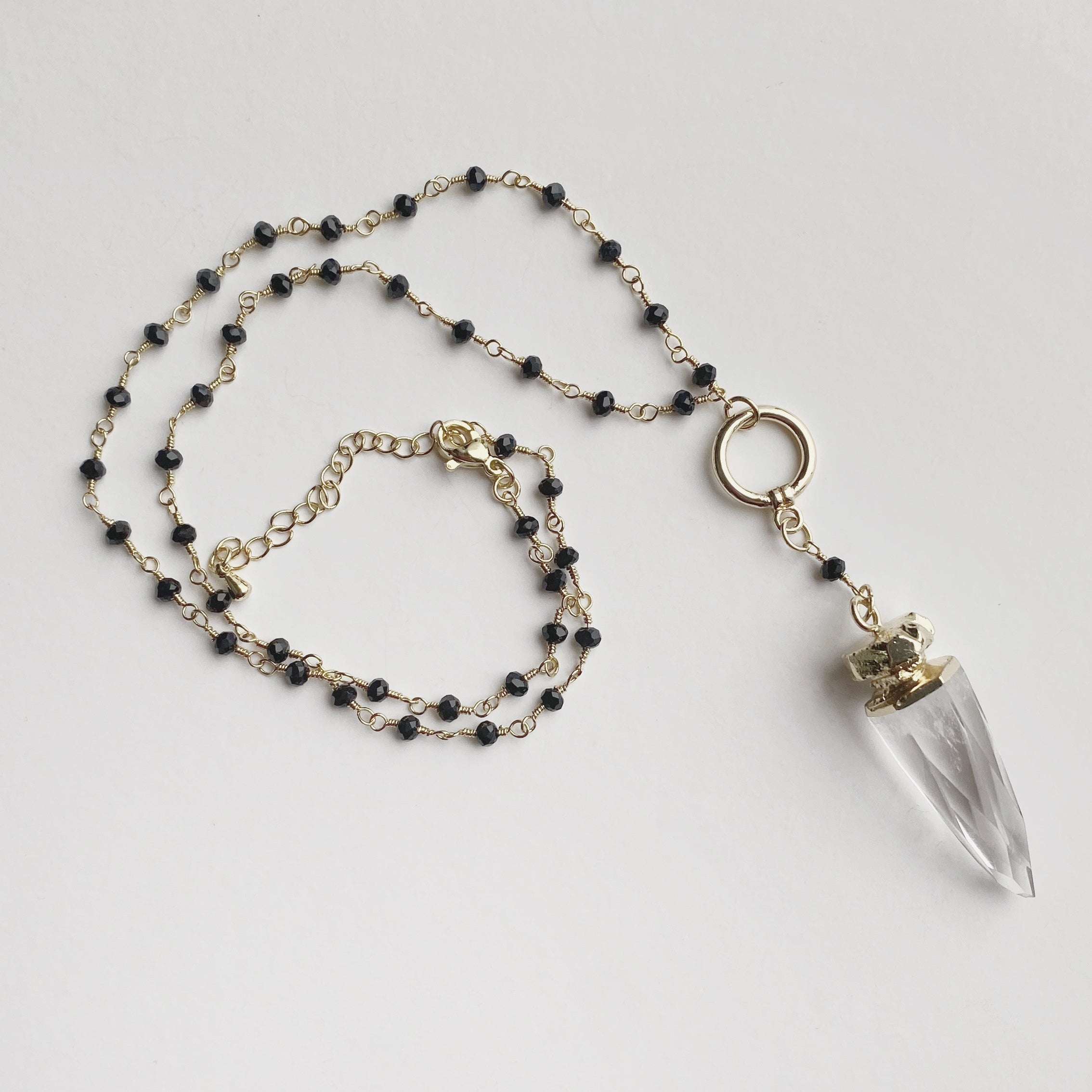 Cristal Necklace crystal point on black spinel and 18k gold plated rosary Tribal Mine Jewellerychain