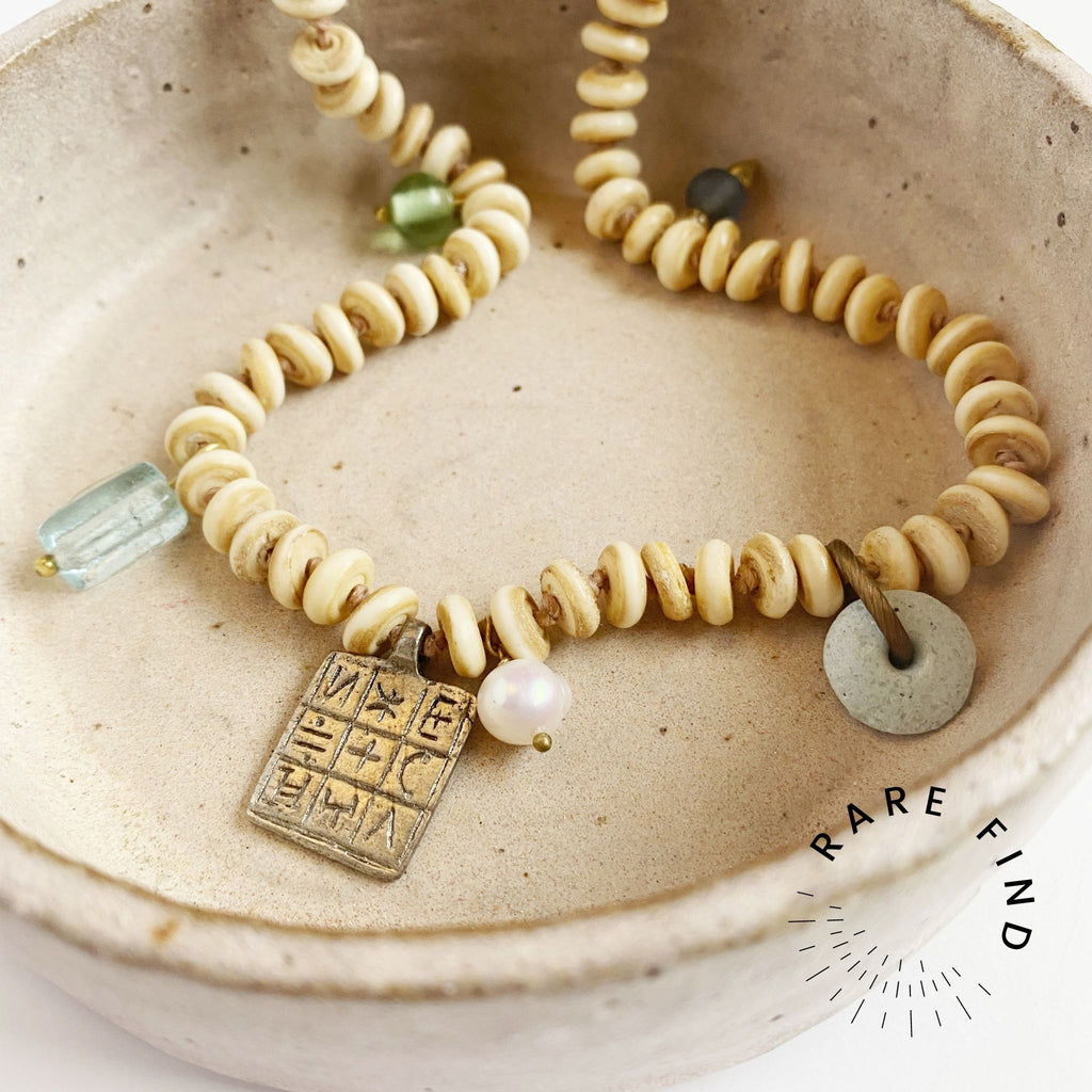 Talisman Necklace Bone and Vintage Glass Beads Unique Jewellery